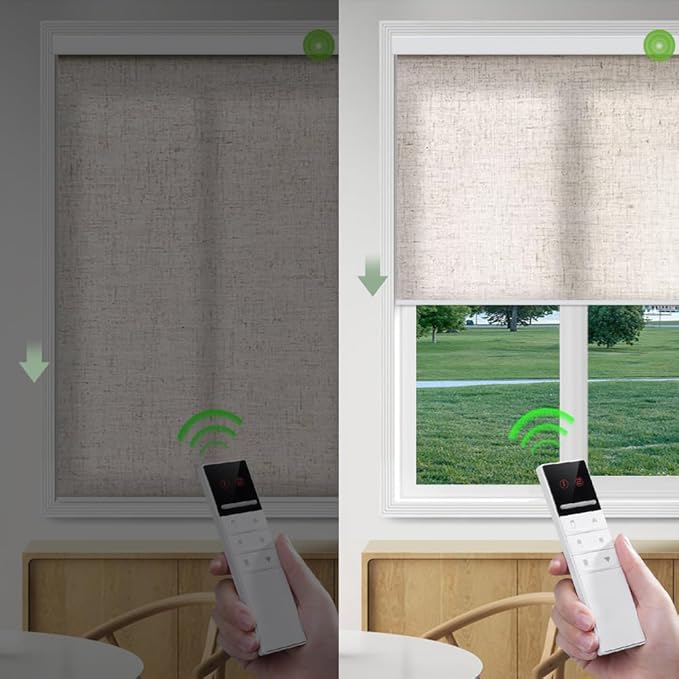 ZSHINE Motorized Window Blinds Over-Size Customize Width (21-114 Inches) Remote Control Wireless and Rechargeable Motor Roller Shades Blinds for Windows(Light Filtering Linen Texture)