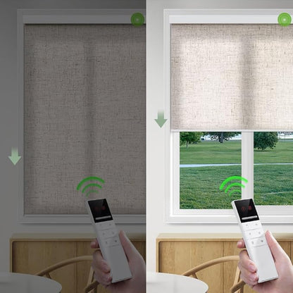 ZSHINE Motorized Window Blinds Over-Size Customize Width (21-114 Inches) Remote Control Wireless and Rechargeable Motor Roller Shades Blinds for Windows(Light Filtering Linen Texture)