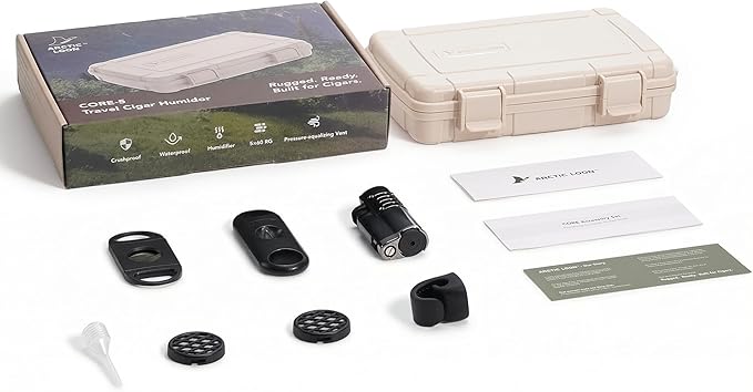 Arctic Loon Travel Cigar Humidor Kit – Holds 5 Cigars (60 RG), Crushproof & Waterproof Portable Cigar Case with Lighter (Without Gas), Cigar Cutter, V-Cutter, Magnetic Cigar Stand, Humidifier (CORE-5)