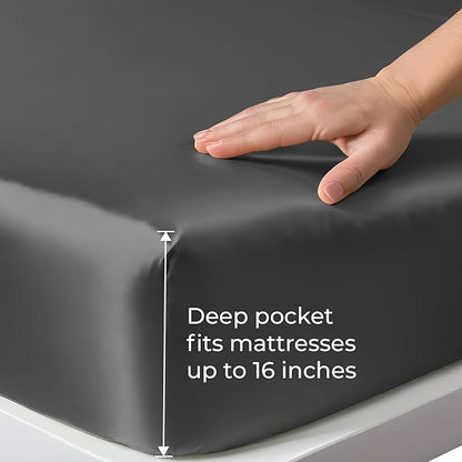 LINENWALAS Fitted Sheet Only Viscose Derived from Bamboo, Bottom Sheet for Twin XL Size Bed – 16” Deep Pocket, All Around Snug Fit – Cooling, Breathable, Soft, Hypoallergenic (Charcoal Grey, Twin XL)