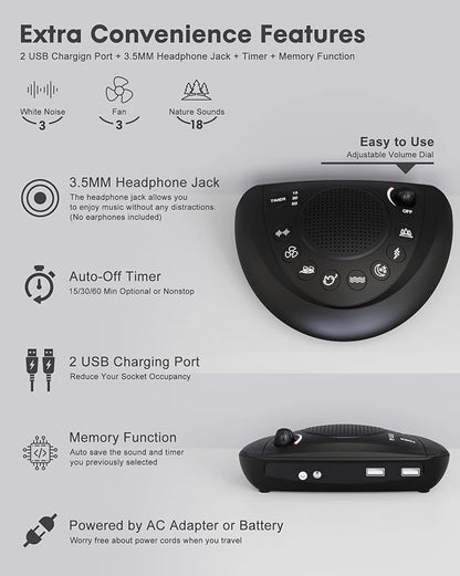 White Noise Machine, Portable Sleep Sound Machine with 24 Soothing Sounds, Timer & Memory Function, Headphone Jack, USB Charging, Powered by AC or Battery for Baby, Kids, Adults, Travel
