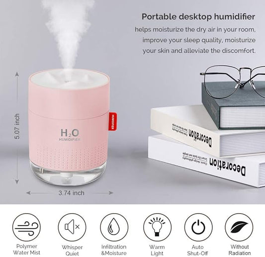 Portable Mini Cool Mist Humidifier, 500ml USB Personal Desktop Humidifier for Baby Bedroom, Travel, Office, Home - Auto Shut-Off, 2 Mist Modes, Super Quiet (Pink)
