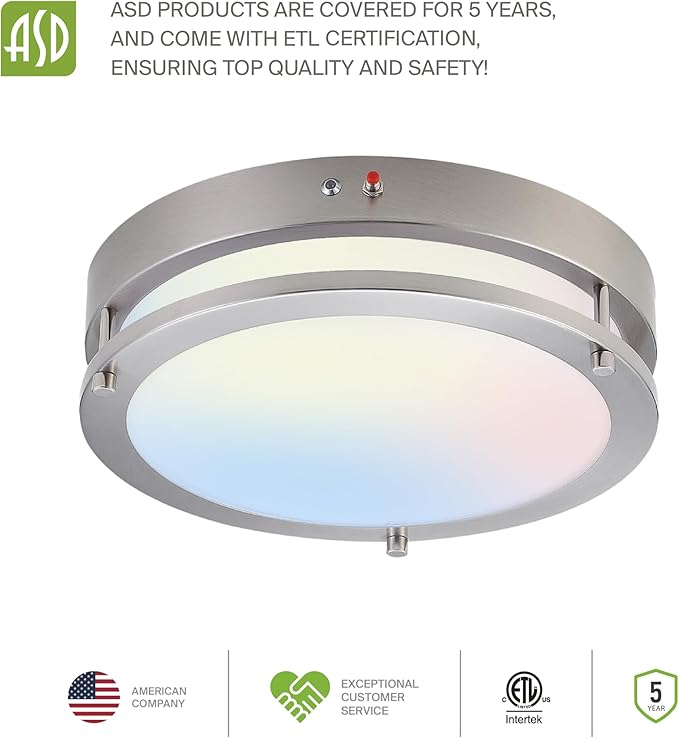 ASD LED 16" Round Flush Mount Lighting, Close to Ceiling Light Fixture | 3CCT, Dimmable, Battery Backup, ETL Listed | 24W 2116LM 3000-5000K 100-277V | Low Profile Double Ring Lamp | Nickel, 4 Pack