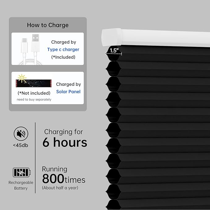 Motorized Cellular Shades with Remote, Blackout Smart Cellular Shades Compatible with Alexa, Cordless Honeycomb Window Blinds for Bedroom Home Office, Custom Size, Blackout Black