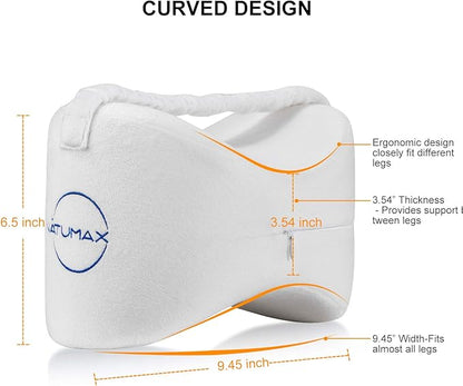 Knee Pillow for Side Sleepers - Sciatica Pain Relief - Back Pain, Leg Pain, Pregnancy, Hip and Joint Pain Memory Foam Leg Pillow + Free Sleep Mask and Ear Plugs - White