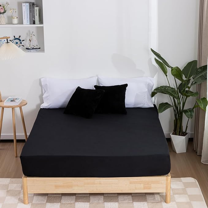 Holawakaka Queen Waterproof Mattress Encasement Protector Black Fitted Sheet Breathable Bed Mattress Pad Cover, 14" Deep Pocket (Black, Queen)