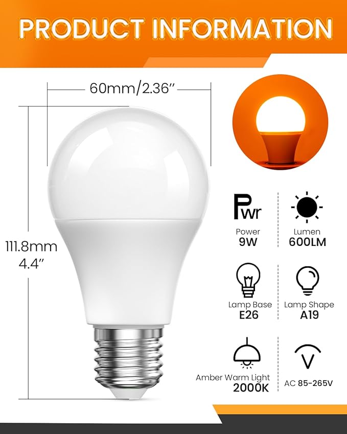 Bonlux Amber Light Bulbs 2000K, A19 9W E26 LED Yellow Soft Warm Sleep Light Bulb Blue Light Blocking (60 Watt Equivalent) for Bedroom,Healthy Sleep, Baby Nursery Light, Night Light Bulb, 4 Pack
