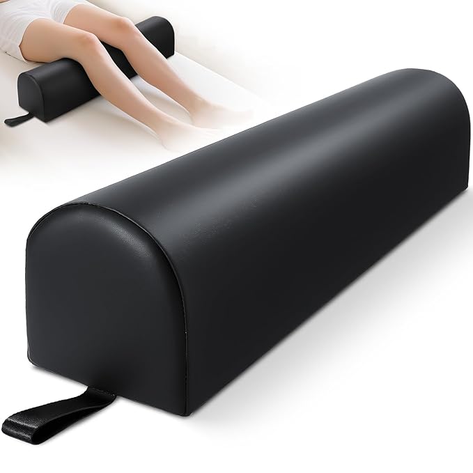 Noverlife 3/4 Round Massage Table Bolster Pillow with Strap Handle, 26 x 6 x 6 In PU Leather Massage Bolster for Under Legs, Cozy Positioning Support Pad for Knee Neck Back Pain Relief - Black