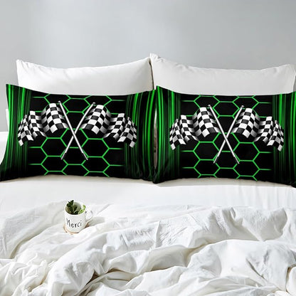 Black White Checkered Flag Bed Sheet Set Home Decor Honeycomb Geometric Sheet Sets Deep Pocket,Racing Car Mattress Cover,Twin Size with 1 Pillowcase