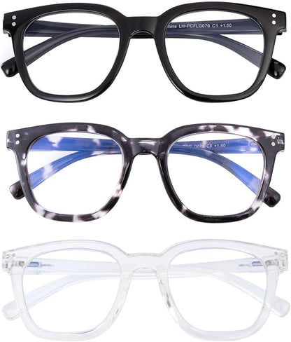 3 Pack Reading Glasses for Men Women Blue Light Blocking with Spring Hinge, Blocking Readers Anti UV Ray Filter Eyeglasses, Square Computer Reader Glasses, Black, +1.0