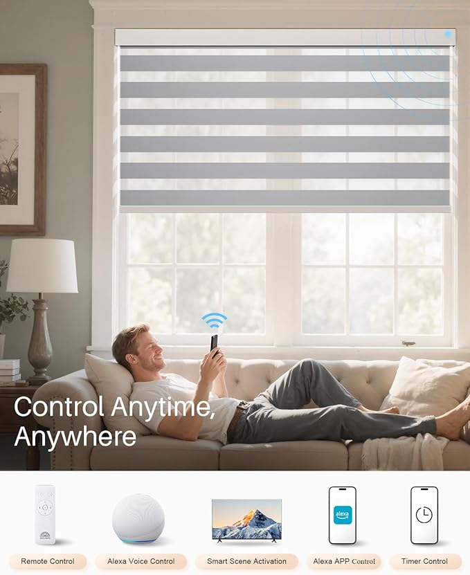 Smart Zebra Blinds for Windows, Alexa Motorized Blinds with Remote Control, Automatic Electric Power Zebra Shades for Indoor Windows (52" W x 72" H, Gray Fabric & White Shell)