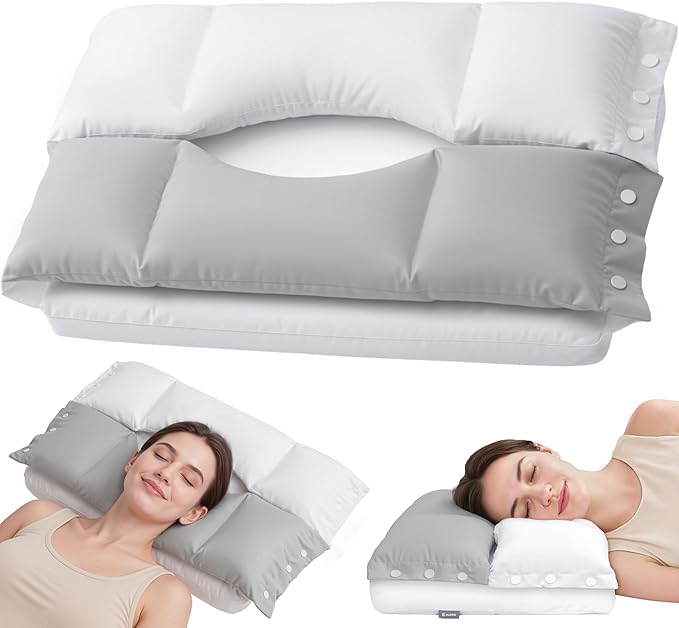 Cervical Neck Pillow with Dual Support Zones for Customizable Support, O-Shaped Memory Foam Cloud Pillow, Cradling Comfort without Ear Pressure, Bed Pillow for Back, Side, Stomach Sleepers, Soft Cover