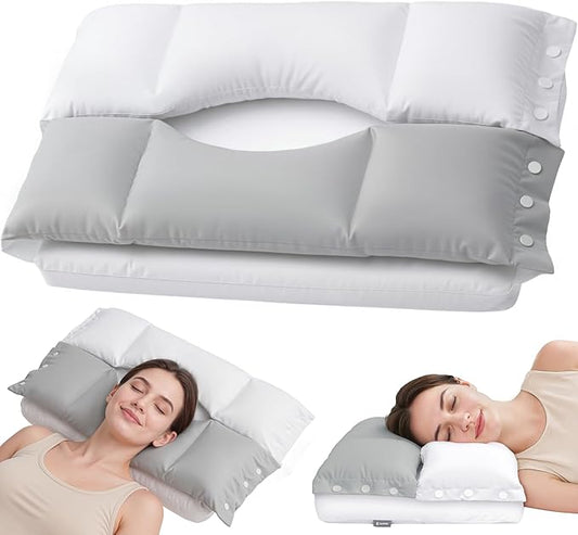 Cervical Neck Pillow with Dual Support Zones for Customizable Support, O-Shaped Memory Foam Cloud Pillow, Cradling Comfort without Ear Pressure, Bed Pillow for Back, Side, Stomach Sleepers, Soft Cover