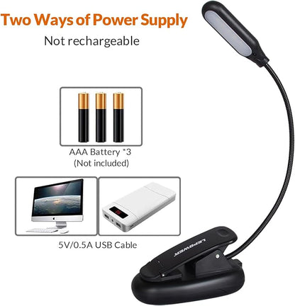 LEPOWER Clip-on Book Light with 5 LED Eye Care, 3 Color Changeable, Portable Reading Lamp, Battery & USB Operated, Bed Light for Kids, Bookworms, Students (Black)