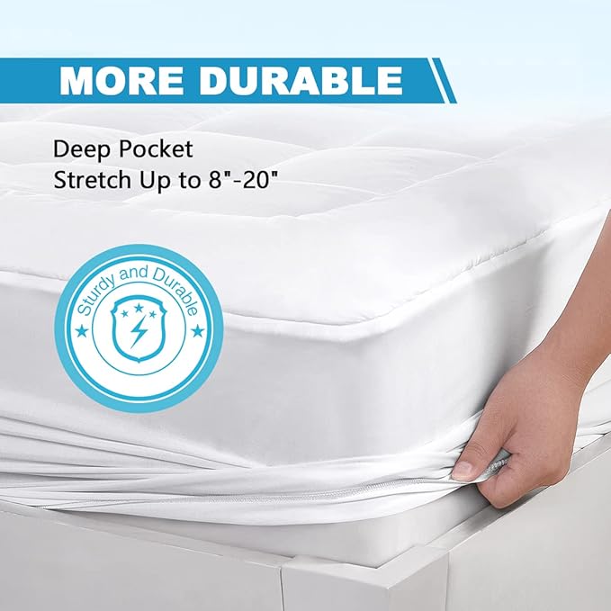 Full Mattress Pad Cover Pillow Top with Stretches to 18” Deep Pocket Fits Up to 8”-21” Cooling White Bed Topper (Down Alternative, Full Size)