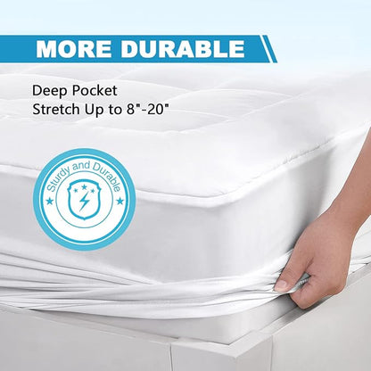 Full Mattress Pad Cover Pillow Top with Stretches to 18” Deep Pocket Fits Up to 8”-21” Cooling White Bed Topper (Down Alternative, Full Size)
