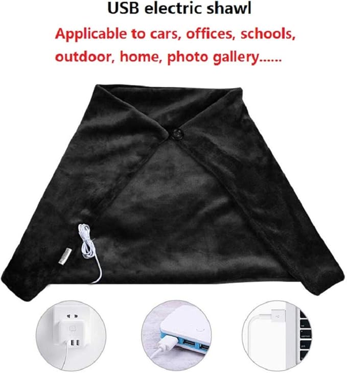 USB Electric Heating Blanket Personal Single-Person Small-Sized Heated Shawl 3 Heating Settings for Library, Outdoors, Car (Black)