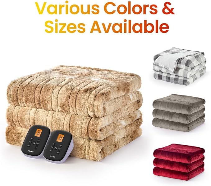 WOOMER Electric Blanket Twin Size 62" x 84", Heated Blanket with 0.5-12 Hours Timer & 10 Heating Levels, ETL Certified, Beige Double-Sided Faux Fur, Over-Heat Protect, Machine Washable