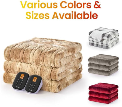 WOOMER Electric Blanket Twin Size 62" x 84", Heated Blanket with 0.5-12 Hours Timer & 10 Heating Levels, ETL Certified, Beige Double-Sided Faux Fur, Over-Heat Protect, Machine Washable