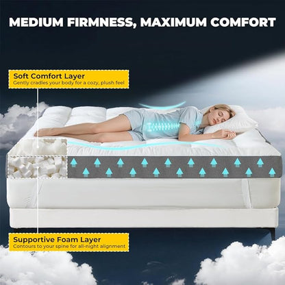 HYPREST 4 Inch Memory Foam Mattress Topper King，Thick Cooling Cotton Pillow Top Mattress Topper with 2000 GSM Shredded Memory Foam - Soft & Supportive for Back Pain Relief,Non-Slip Bottom