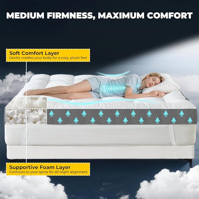 HYPREST 4 Inch Mattress Topper Queen, Thick Cooling Cotton Pillow Top with 2000 GSM Shredded Memory Foam - Soft & Supportive for Back Pain Relief，Non-Slip Bottom