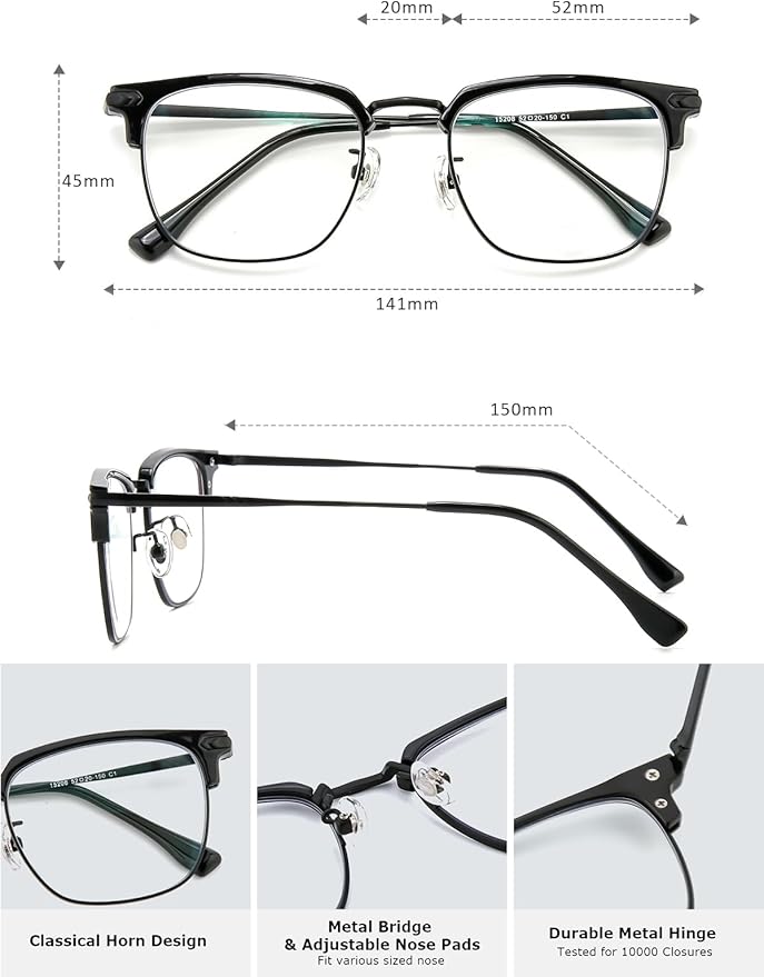 Blue Light Blocking Glasses for Men Metal Browline Computer Gaming Glasses Filter Blue Ray (Black Frame)