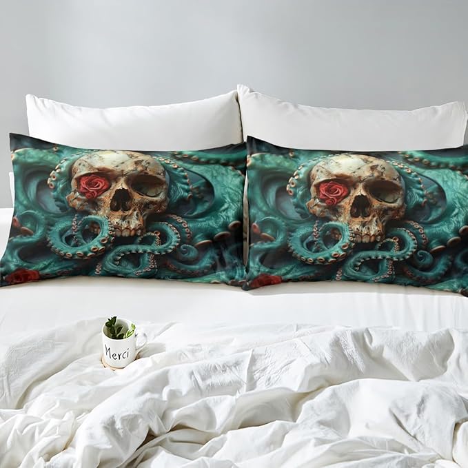 Skull Skeleton Fitted Sheet Twin Size,Octopus Marine Life Ocean Animals Bedding Set,Boys Girls Room Decor,Happy Halloween Rose Flowers Trippy Bed Cover,Blue Gothic Bed Sheet,1 Pillowcase