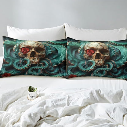 Skull Skeleton Fitted Sheet Full Size,Octopus Marine Life Ocean Animals Bedding Set,Boys Girls Room Decor,Happy Halloween Rose Flowers Trippy Bed Cover,Blue Gothic Bed Sheet,2 Pillowcases