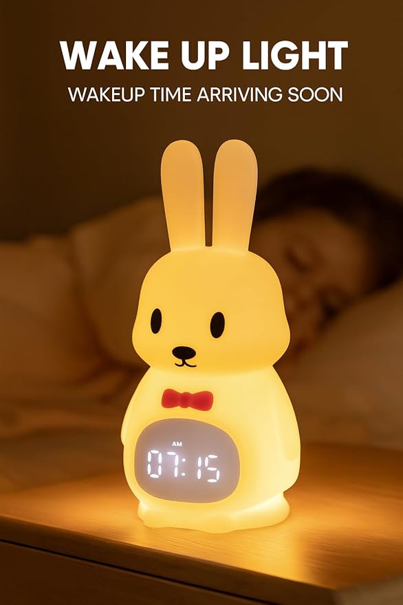 Sleep Trainer Clock for Toddlers with Color Light Cues, Bunny Alarm Clock with Night Light & Sunrise Wake Up, 12 Sounds, App Control, Rechargeable Silicone Nursery Lamp