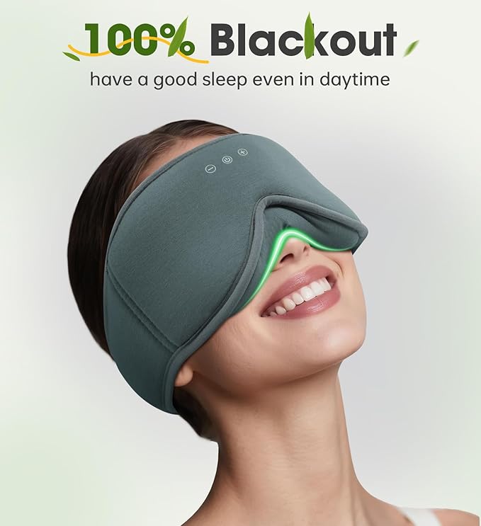 Bamboo Cotton Large Sleep Mask with Bluetooth Wireless Headphones - Blackout Eye Mask for Sleeping 3D Contoured Sleep Headband Ear Muffs Lengthen & Low Noise Hook for Better Experience (Grey)