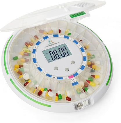 Automatic Pill Dispenser with Alarm, Flashing Light and Sound, 28 Day Pill Dispenser Machine for Elderly, Frosted Lid with Safety Lock, Medication Dispenser Improving Your Pills Privacy