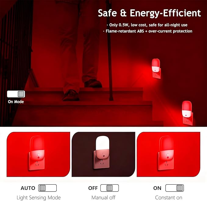 670nm Red Light Night Light for Sleep Therapy, 3 Pack Auto On/Off Dimmable Night Light with Dusk to Dawn Sensor, LED Night Lights Plug into Wall Promote Melatonin Natural Sleep for Baby Kid Adult Room