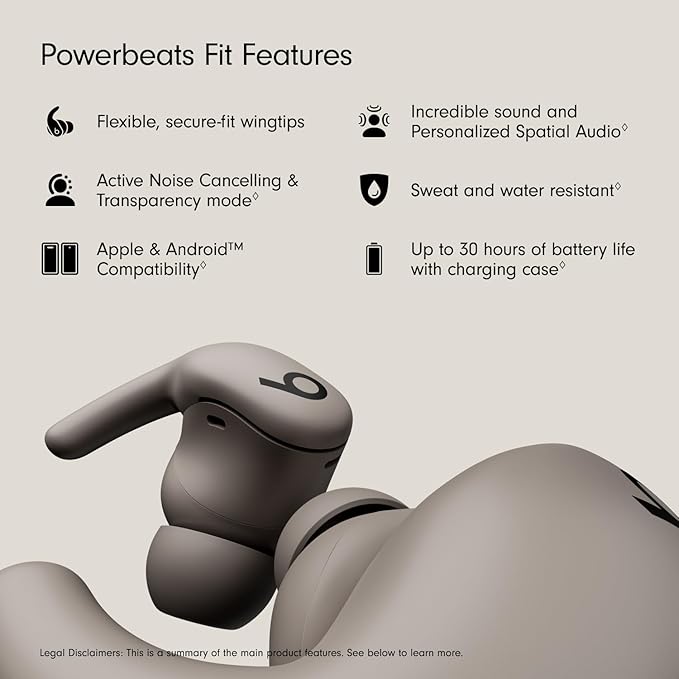 Beats - Powerbeats Fit - Wireless Noise-Cancelling Workout Earbuds with Ultimate Secure Fit with USB-C Charging Cable (1.5m) - Gravel Gray