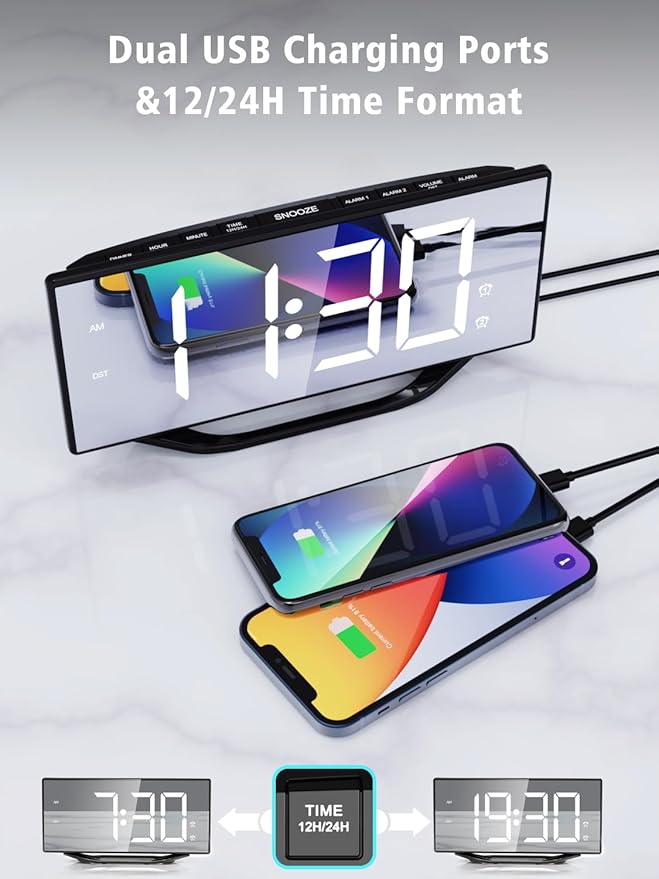 8.7” Mirror Digital Alarm Clock for Bedroom, LED Digital Clock Large Display with Battery Backup, 2 USB Charger Ports, Dual Alarms, 8 Dimmer & 7 Volume, Aesthetic Slim Clock for Desk Modern Decoration