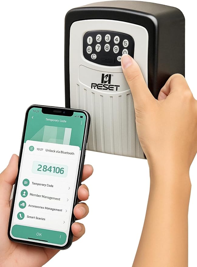 RESET-104 Bluetooth Key Lock Box – Weather-Resistant, IPX5,Durable Metal Construction, Backlit Keypad, Preset 6-Digit Code, Customizable to 8–10 Digits, Ideal for Outdoor Home or Office Use