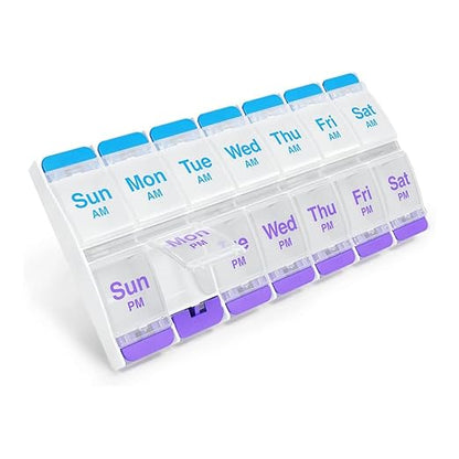EZY DOSE Push Button (7-Day) Pill Case, Medicine Planner, Daily Vitamin Organizer, 2 Times a Day AM/PM, X-Large Compartments, Arthritis Friendly, Easy to use, Clear Lids, Purple and Blue, BPA Free
