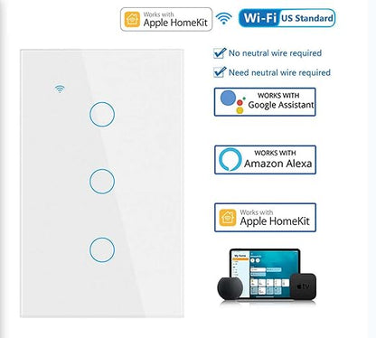 Smart Light Switch, Wi-Fi Enabled, White Glass Panel, Compatible with Apple HomeKit, Google Assistant, Alexa, No Neutral Wire Required, Touch Control (Wall Switch 3 Gang)