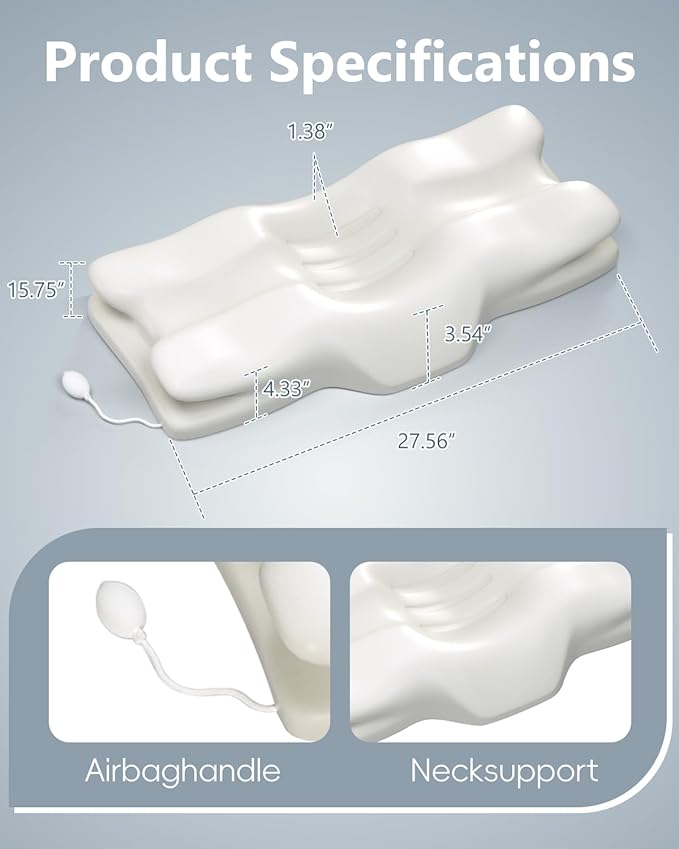 SMDR Adjustable Air Cushion Cervical Neck Pillow, Ergonomic Double-Wing Memory Foam Neck Support Pillow for Pain Relief, Spine Alignment & Posture Correction, Cooling Washable Cover, 3.5"–1.2" Design