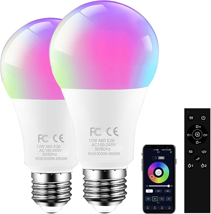 RGBCW LED Bulb with a 2.4GHz Remote Control, A60 12W 1000lm Color Changing Smart Light Bulb for Lamp, Bderoom, Mood Soothing,100W Equivalent,Dimmable 1% to 100% 3000-6500K,2 Bulb & Remote