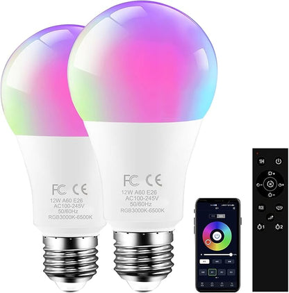 RGBCW LED Bulb with a 2.4GHz Remote Control, A60 12W 1000lm Color Changing Smart Light Bulb for Lamp, Bderoom, Mood Soothing,100W Equivalent,Dimmable 1% to 100% 3000-6500K,2 Bulb & Remote