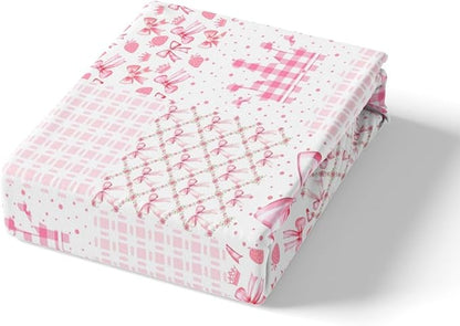 Princess Crown Fitted Sheet Geometric Pink White Plaids Patchwork Bed Sheet Set for Kids Children Teens Kawaii Bowknot Fairy Tale Bow-tie Fantasy Bed Cover Toddler Bedroom Decor,Twin Size