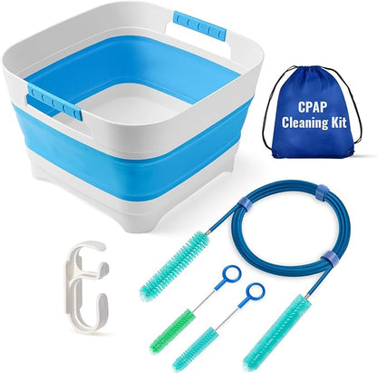 Complete CPAP Cleaning Kit with Dual-Ended 22mm & 15mm Hose Brush, Collapsible Wash Basin, 2 Detail Brushes, Hook & 210D Storage Bag for CPAP/BiPAP Tubing & Mask Care