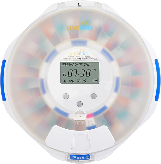 LiveFine Automatic Pill Dispenser with 28-Day Electronic Medication Organizer, 6 Dosage Rings, LCD Display with Sound & Light Alerts, Key & Magnifying Glass for Prescriptions, Vitamins & Supplements