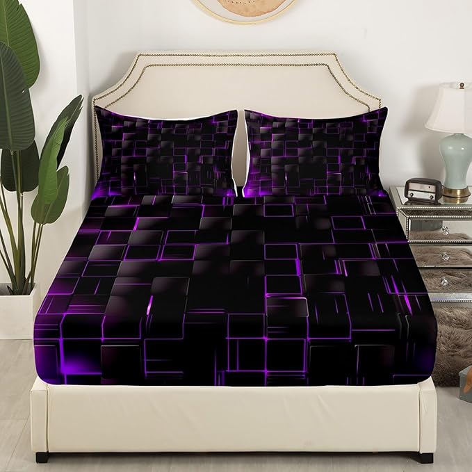 Manfei Geometric Sheet Set Full Size, Abstract Square Grid Print Bedding Set for Kids Boys Girls Adults, Purple and Black Bed Sheet Set 4pcs with Deep Pocket Fitted Sheet + Flat Sheet + 2 Pillowcases