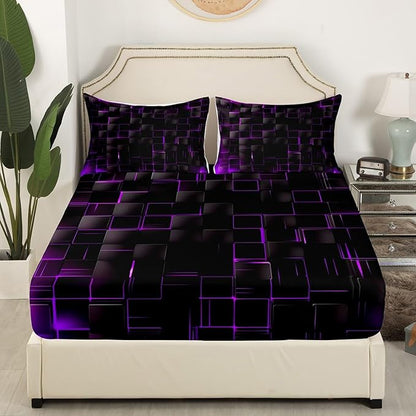 Manfei Geometric Sheet Set Queen Size, Abstract Square Grid Print Bedding Set for Kids Boys Girls Adults, Purple and Black Bed Sheet Set 4pcs with Deep Pocket Fitted Sheet + Flat Sheet + 2 Pillowcases