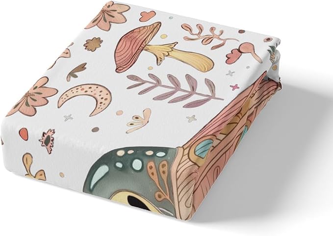 Alien Fitted Sheet,Nature Botanical Plants Mushroom Flowers White Soft Decorative Fabric Bedding Glitter Galaxy Pink Spaceship Outer Space Pocket Twin Size with 1 Pillowcase