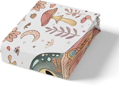 Alien Fitted Sheet Queen Size,Nature Botanical Plants Mushroom Flowers White Soft Bed Cover(1 Fitted Sheet+1 Pillow Case),Glitter Galaxy Pink Spaceship Outer Space Breathable Mattress Cover