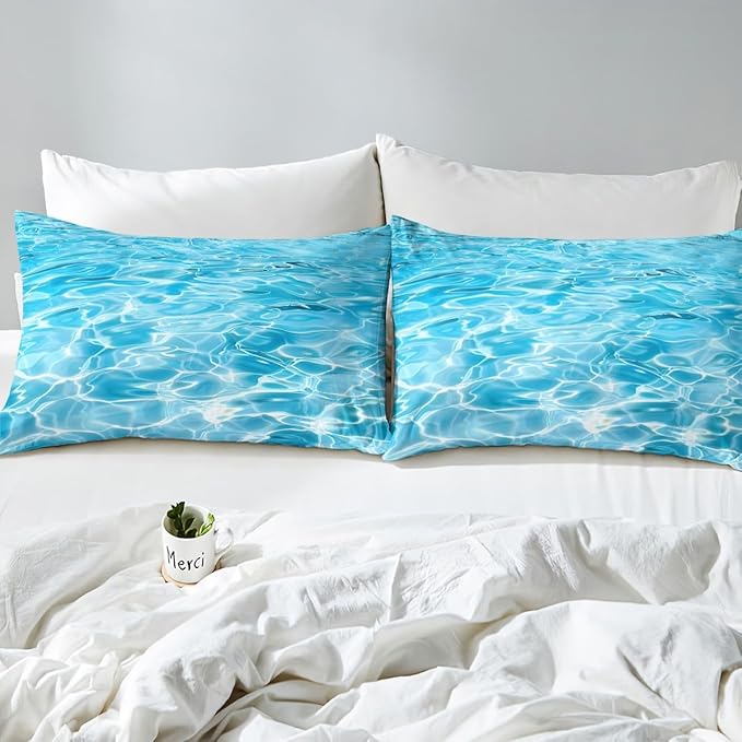 Manfei Summer Sheet Set King Size, Blue Water Texture Print Bedding Set for Kids Boys Girls Teens Bedroom Decor, Tropical Summer Pool Bed Sheet Set 4pcs (Fitted Sheet, Flat Sheet, 2 Pillowcases)