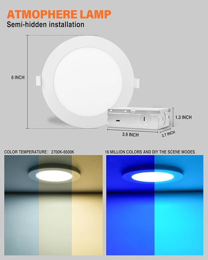 6Pack 6Inch Smart LED RGB Recessed Lighting, Color Changing Canless Downlight, 2700K-6500K, 2.4GHz Wi-Fi & Bluetooth, 12W 1200lm, Works with Tuya App, Alexa & Google Assistant, Gateway Included