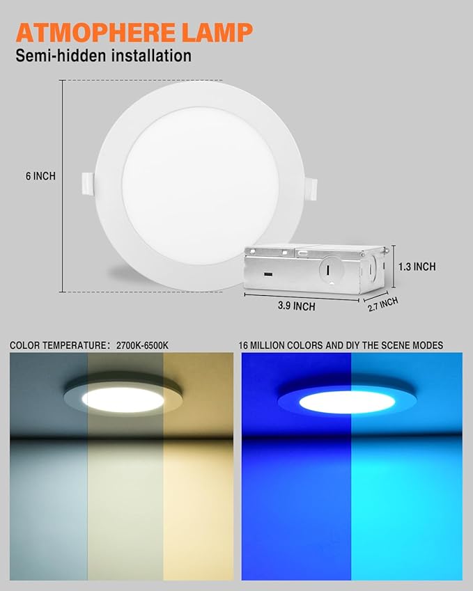 12Pack 6Inch Smart LED RGB Recessed Lighting ,Color Changing Canless Downlight,2700K-6500K, 2.4GHz Wi-Fi & Bluetooth,12W 1200lm,Works with Tuya App,Alexa & Google Assistant,Gateway Included